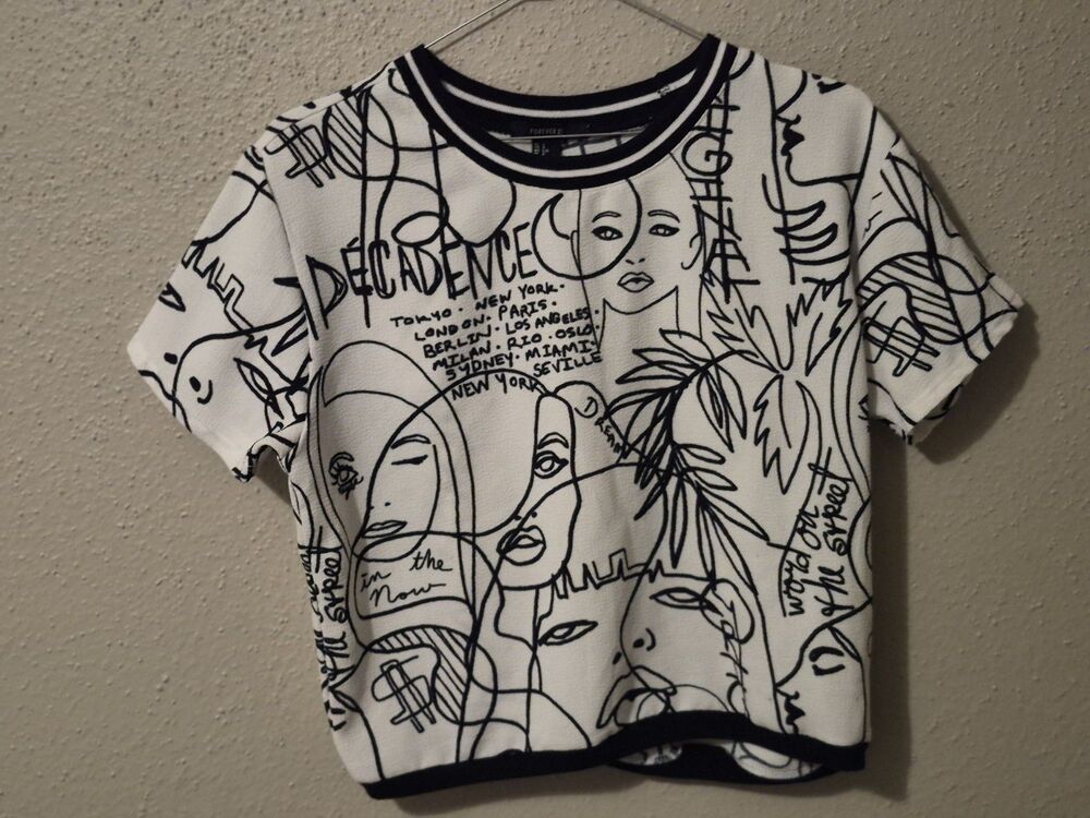 Forever 21 L Abstract "Decadence" Graphic Print City Names Artsy Crop Scribble